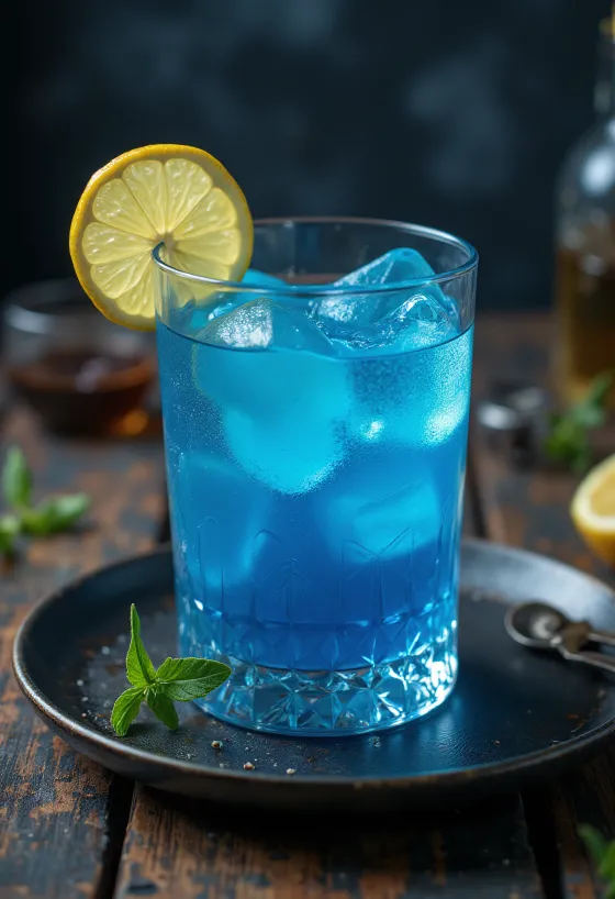 Cocktail Blue Lagoon decorato con fetta di limone e ciliegina da cocktail