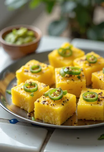 Khaman Rava Dhokla servito con coriandolo fresco