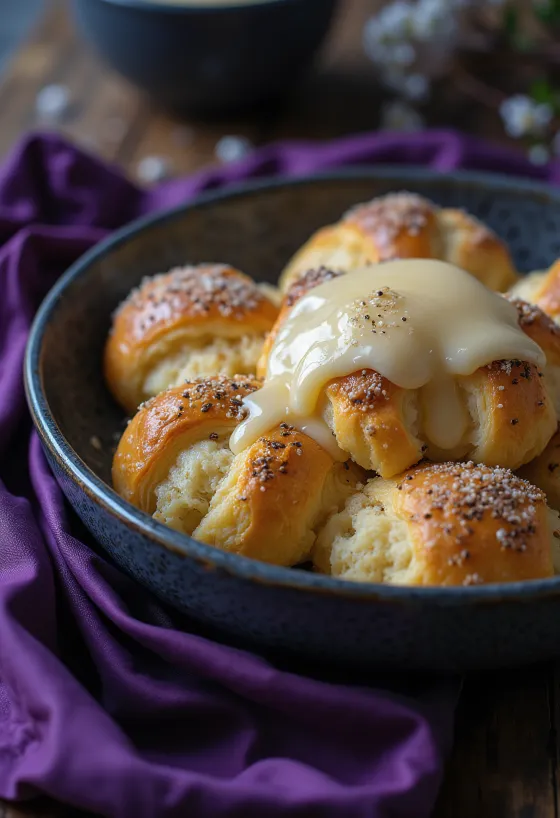 Mákos guba cosparso di zucchero a velo, servito con crema alla vaniglia