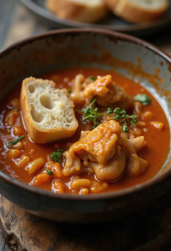 Trippa alla paprica con sugo speziato e succoso, servita con pane fresco