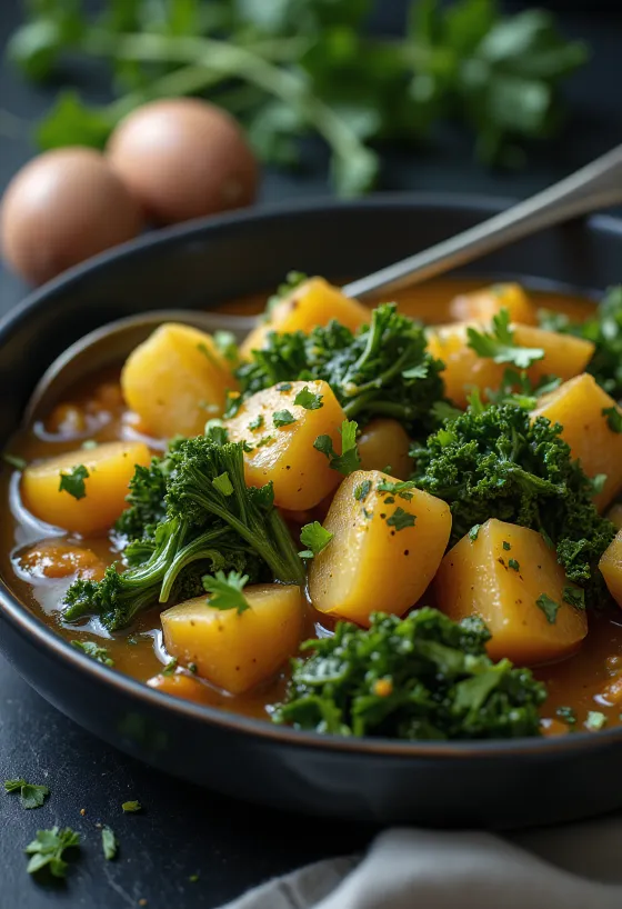 Piatto unico di verza e verdure servito con carote e patate