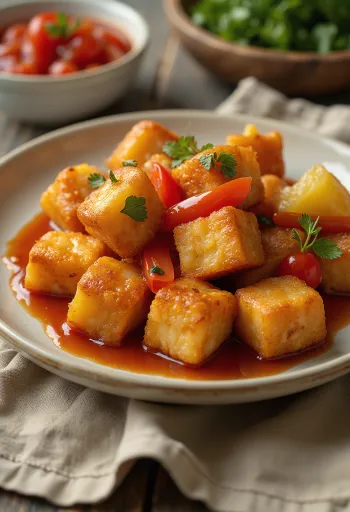 Tofu croccante in salsa agrodolce servito