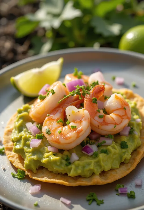 Tostada con gamberi, servita con avocado e succo di lime, coriandolo fresco