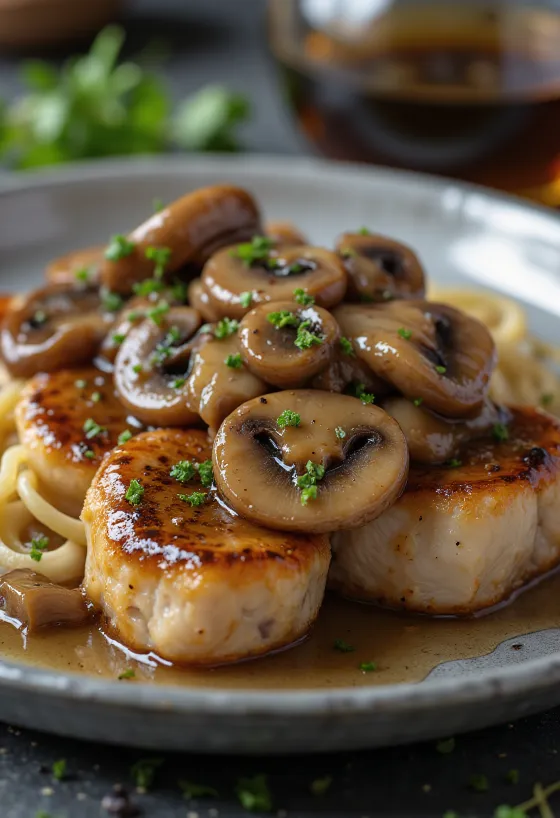 Scaloppine di vitello al Marsala servite con funghi e prezzemolo fresco