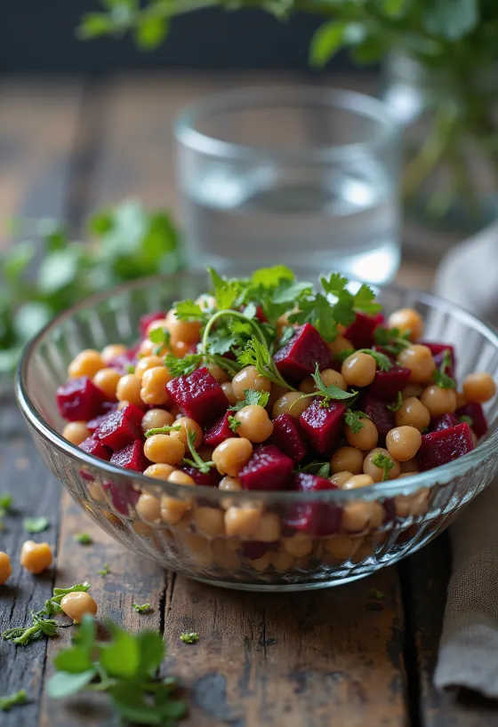 Insalata di barbabietola e ceci, servita con rucola fresca e noci tostate.