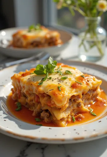 Moussaka greca tradizionale servita, melanzane a strati, carne macinata e besciamella.