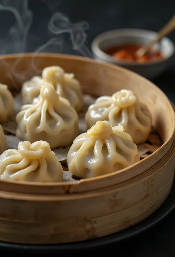 Momo classici al vapore, fagottini ripiegati serviti con salsa