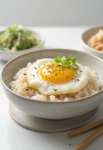 Onsen Tamago servito con riso all'uovo, guarnito con cipollotto e sesamo