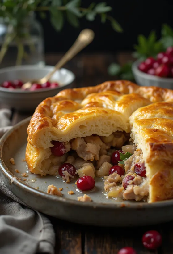 Pot pie di pernice e mirtilli rossi servito in un piatto rustico con pasta sfoglia dorata.