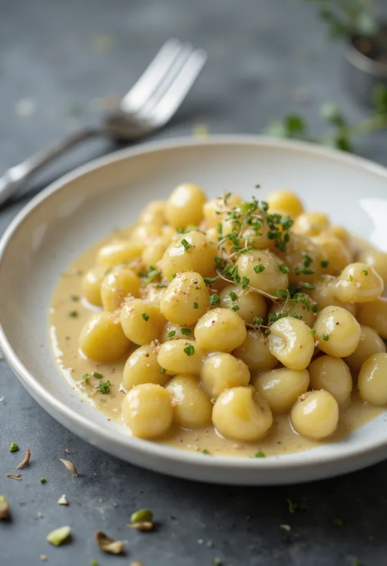 Gnocchi acqua di rose e pistacchio serviti