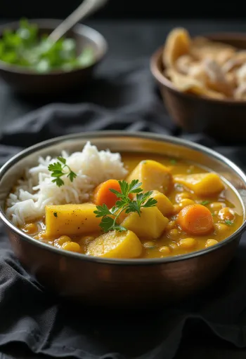 Sambar con patate, servito con coriandolo fresco