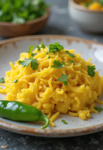 Sev khamani dhokla servito con sev croccante e yogurt