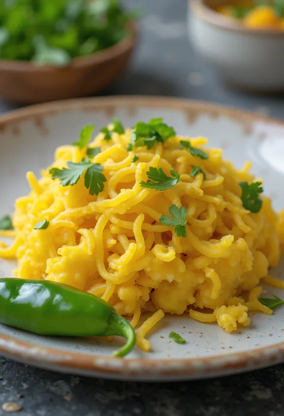 Sev khamani dhokla servito con sev croccante e yogurt