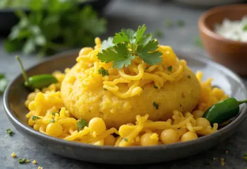 Sev khamani dhokla servito con sev croccante e yogurt