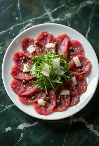 Carpaccio di cervo guarnito con rucola e Parmigiano