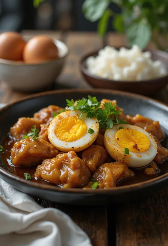 Adobo servito con uova, unione appetitosa di pollo e uova.