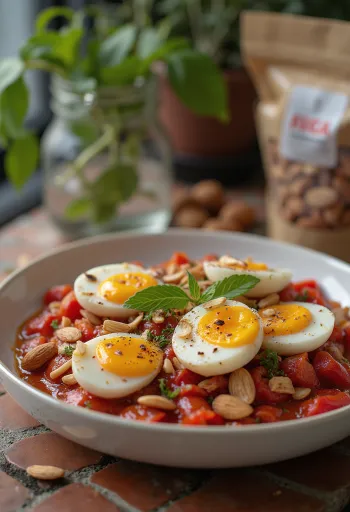 Caponata con peperoni e mandorle servita in ciotola rustica