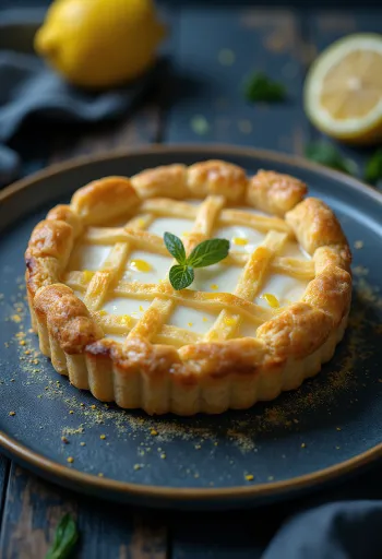 Crostata di ricotta e limone servita, torta rustica italiana