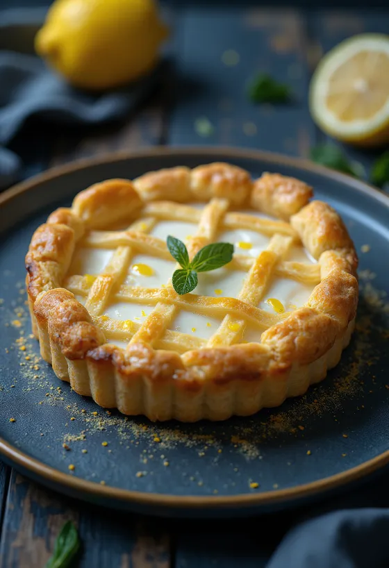 Crostata di ricotta e limone servita, torta rustica italiana