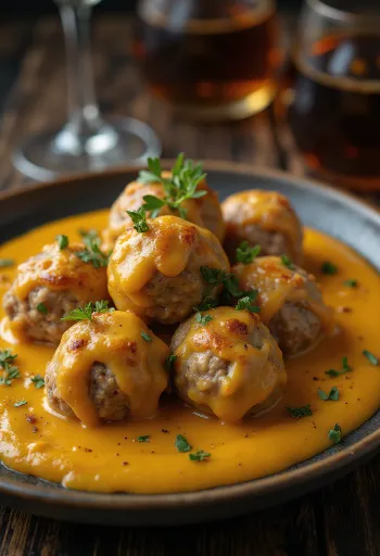 Polpette con salsa al formaggio servite