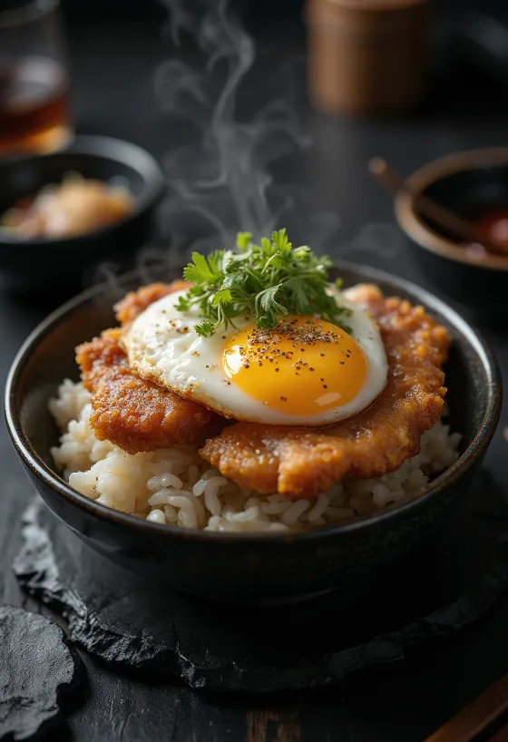 Katsu Don servito con maiale croccante e cipollotto