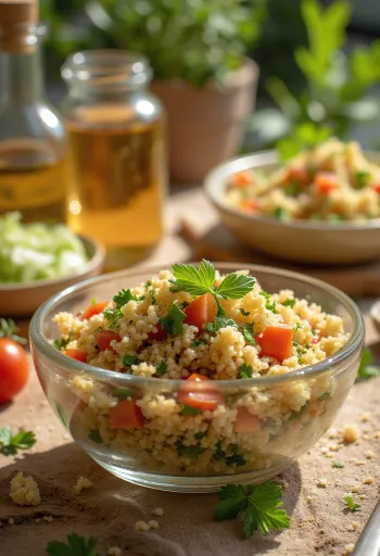 Insalata Tabbouleh con prezzemolo tritato, pomodoro, bulgur e limone