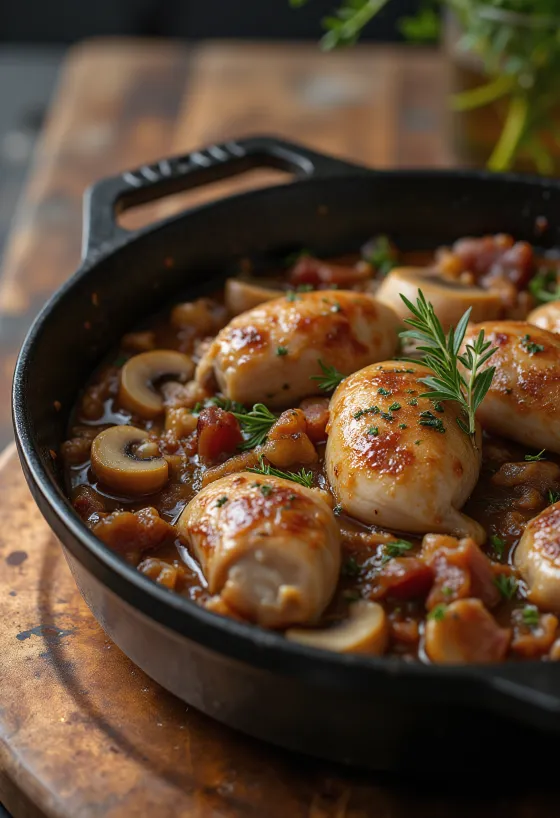 Casseruola di fagiano servita in un piatto rustico con erbe fresche.
