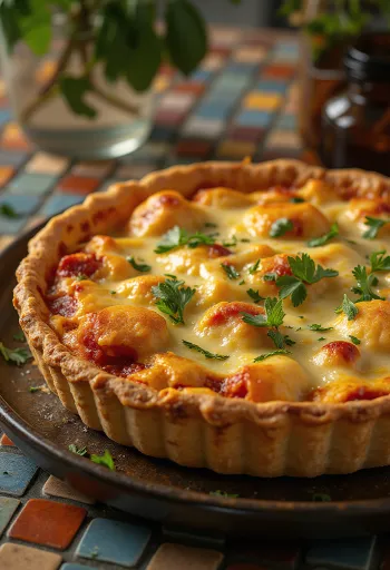 Torta salata al pollo tandoori servita, decorata con formaggio e coriandolo fresco