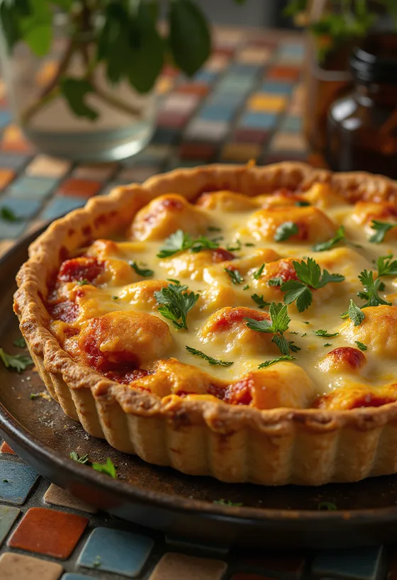 Torta salata al pollo tandoori servita, decorata con formaggio e coriandolo fresco