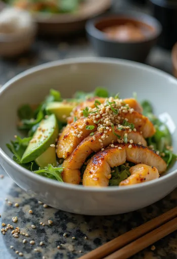 Insalata di pollo speziato al togarashi con avocado e lime