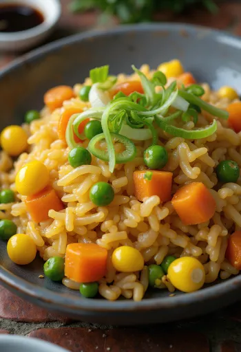 Riso fritto vegano con verdure, servito fresco in un wok.