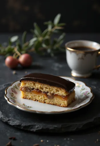 Zserbó fatta in casa con pasta frolla, ripieno di noci e copertura di cioccolato