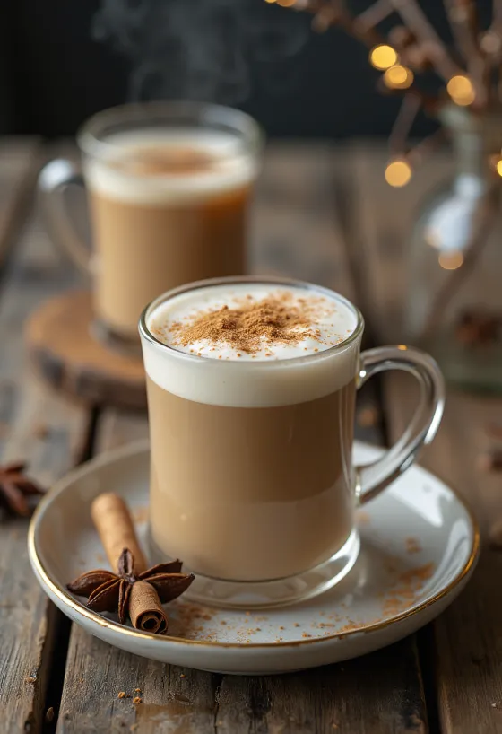 Chai tea latte in tazza, decorato con cannella e cardamomo