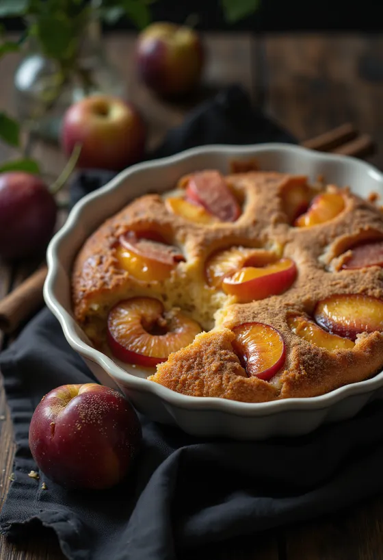 Torta di prugne e cannella servita con zucchero a velo e cannella
