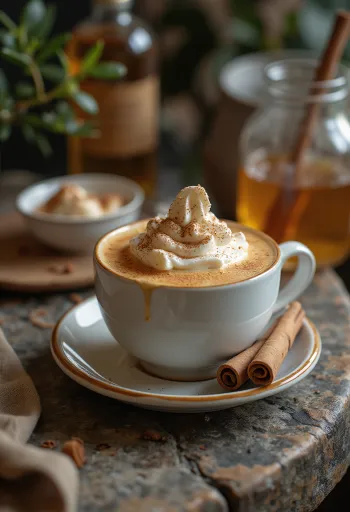 Tazza di latte con panna montata e cannella