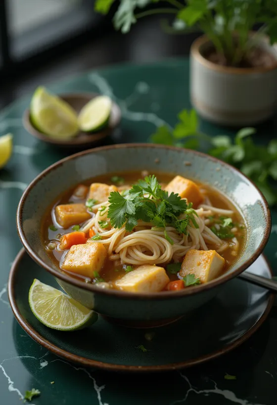 Pho al tofu servito in ciotola con noodles di riso, coriandolo fresco e fette di lime