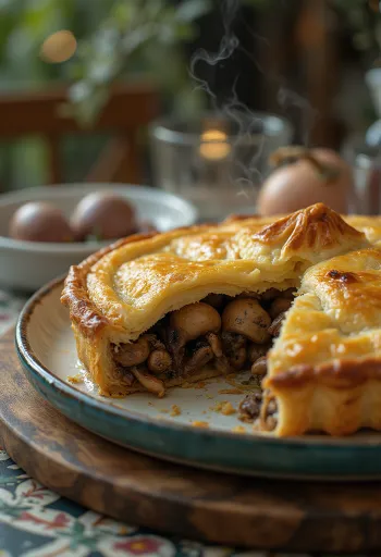 Pasticcio di piccione servito con crosta dorata.