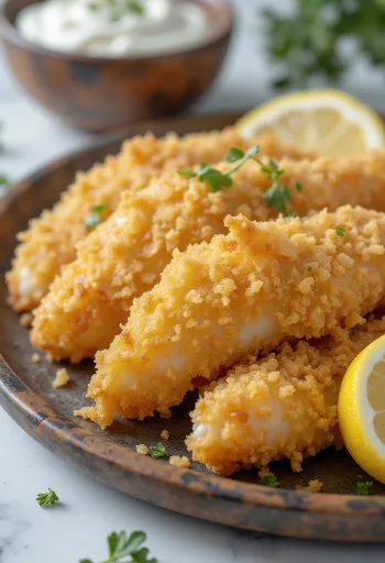 Pesce fritto panato dorato, servito con fette di limone fresco e insalata.