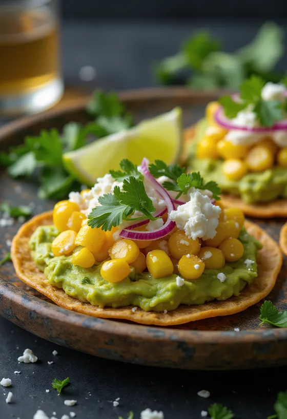 Tostada appena fatta con mais e avocado, servita con feta.