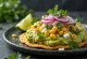 Tostada appena fatta con mais e avocado, servita con feta.