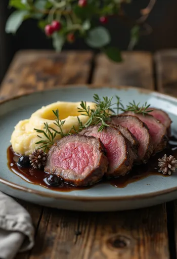 Lombata di cervo al ginepro servita con verdure arrosto