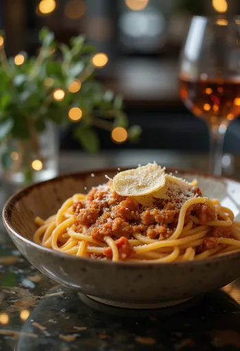 Spaghetti alla Bolognese cosparsi di basilico fresco e parmigiano