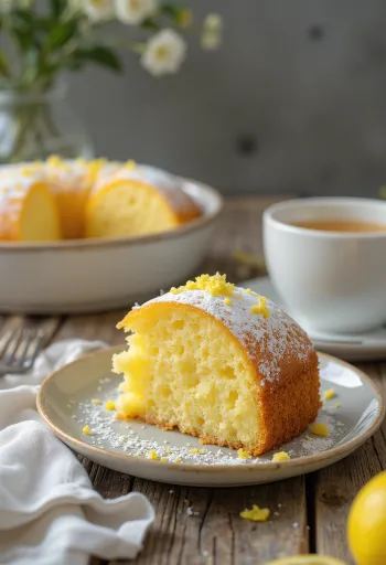 Torta al limone con scorza di limone fresca e zucchero a velo