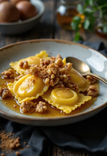 Ravioli dolci alle mele caramellate e noci serviti