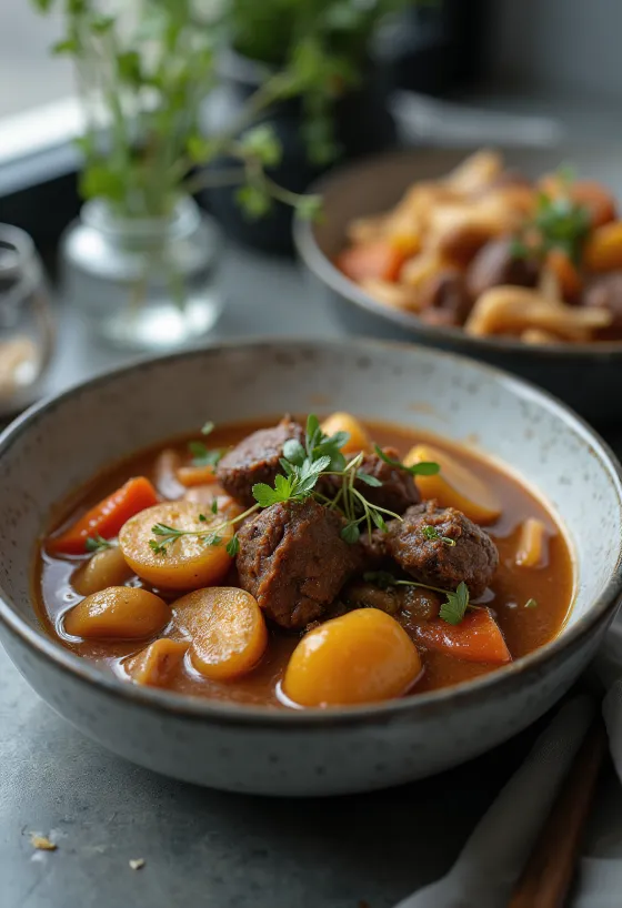 Stufato di istrice servito in una ciotola rustica con erbe fresche.