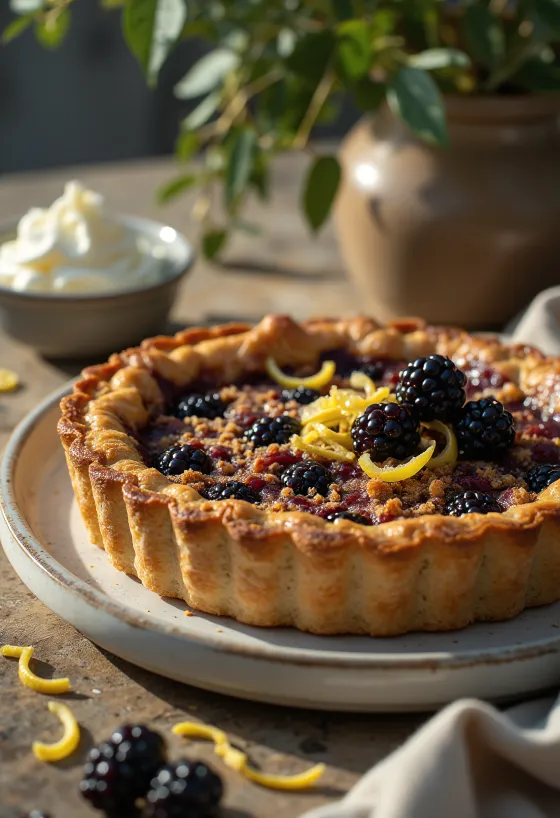 Treacle tart con pasta senza glutine, servita con ribes nero