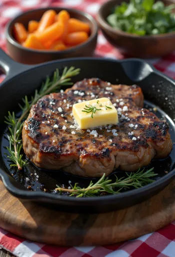 Bistecca di yak servita con verdure arrosto e rosmarino fresco