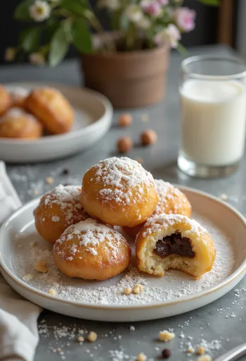 Zeppole alla crema di nocciole, dolce italiano con crema di nocciole e zucchero a velo