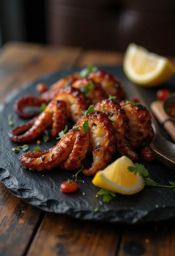 Anticucho di polpo - spiedini di polpo grigliato, con insalata fresca