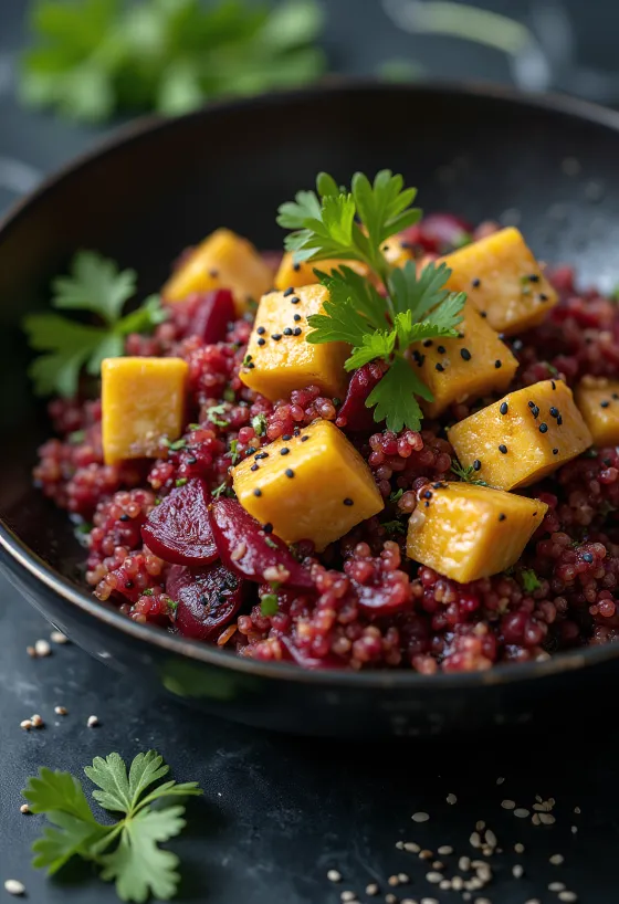 Wok di quinoa e barbabietola con tofu al curry e tahina servito